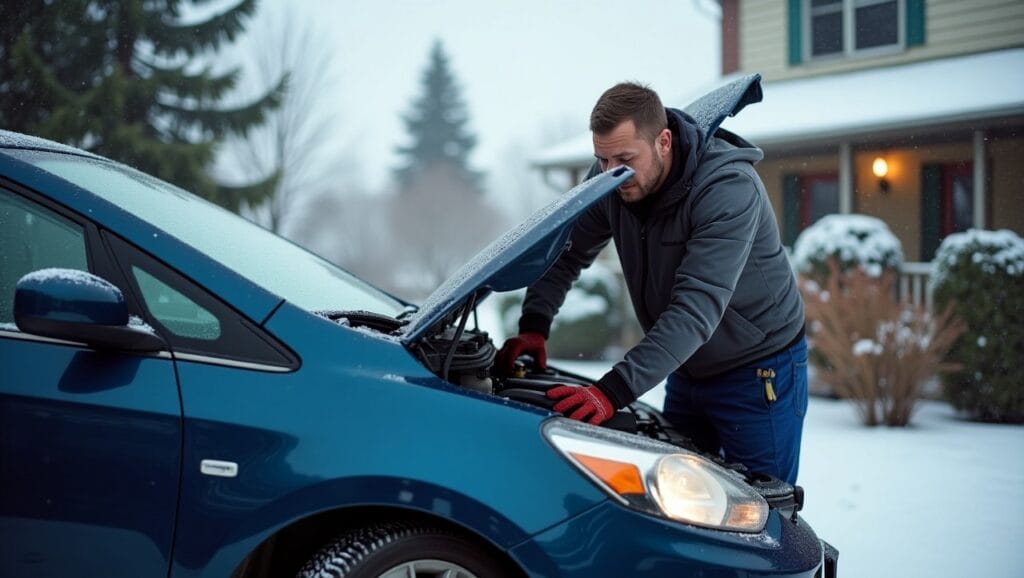 A mobile mechanic working on a car in a driveway in Spokane, WA, with the snowy backdrop of a typical winter day.