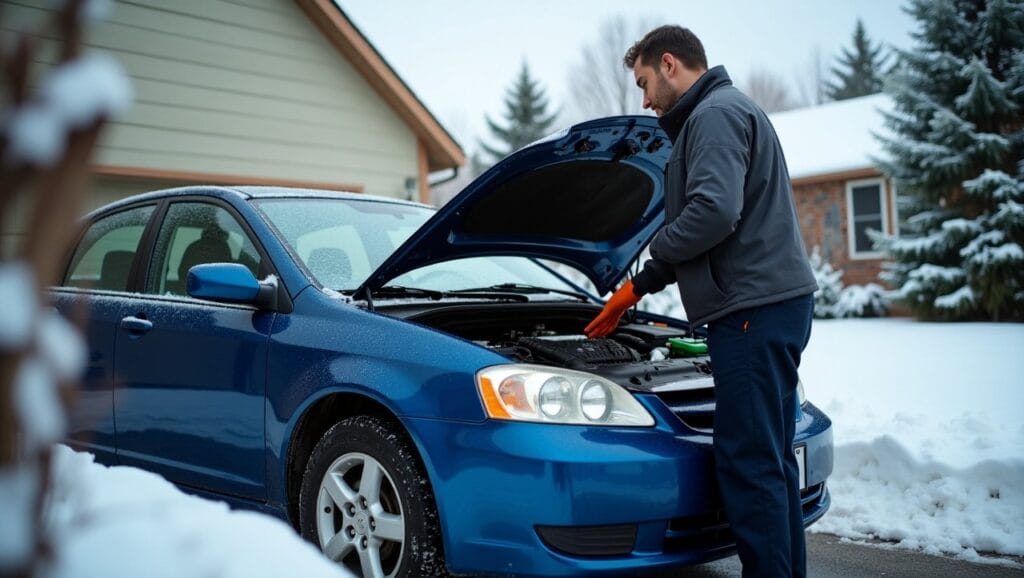 A mobile mechanic working on a car in a driveway in Spokane, WA, with the snowy backdrop of a typical winter day.